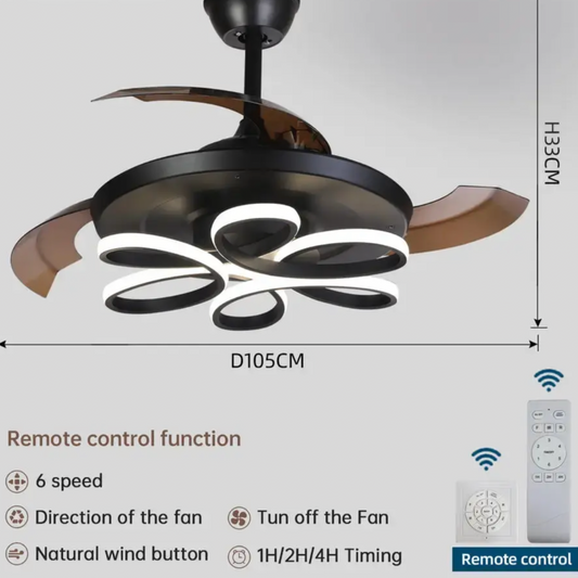 STODE® 1350MM Brisa Modern Ceiling Fan Chandelier | BLDC Noiseless Motor, Retractable Blades, LED Light with 3-Color Setting & Remote Control - Black