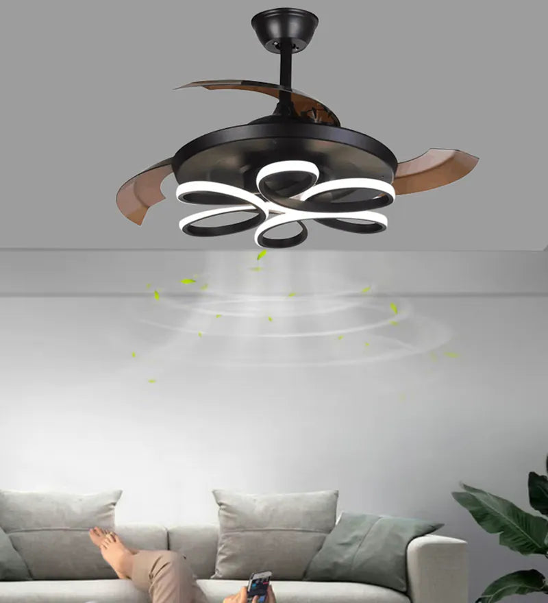 STODE® 1350MM Brisa Modern Ceiling Fan Chandelier | BLDC Noiseless Motor, Retractable Blades, LED Light with 3-Color Setting & Remote Control - Black