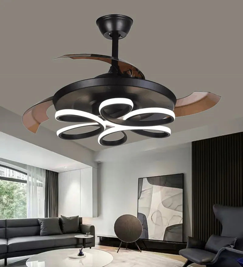 STODE® 1350MM Brisa Modern Ceiling Fan Chandelier | BLDC Noiseless Motor, Retractable Blades, LED Light with 3-Color Setting & Remote Control - Black