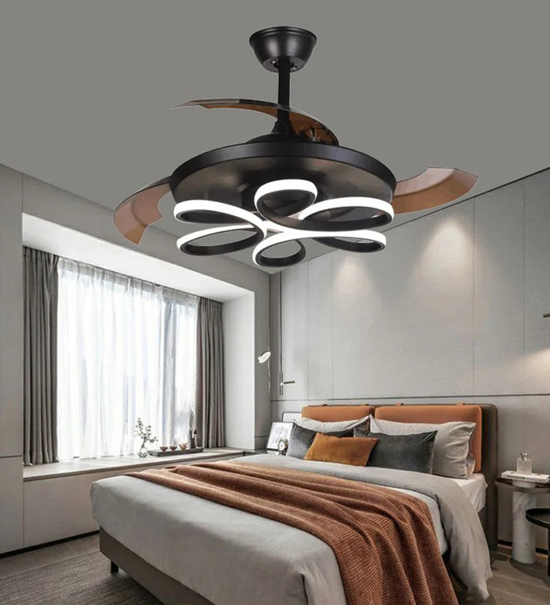 STODE® 1350MM Brisa Modern Ceiling Fan Chandelier | BLDC Noiseless Motor, Retractable Blades, LED Light with 3-Color Setting & Remote Control - Black