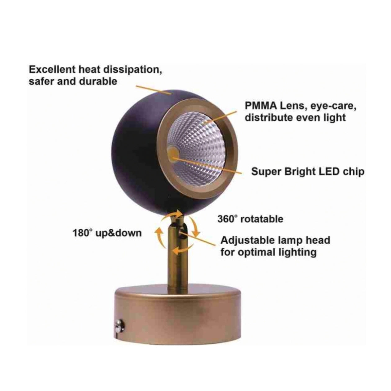 STODE® 5W LED Focus Spot Light – Brass Gold & Black Finish | Ceiling & Wall Mount - Warm White (Pack of 1)