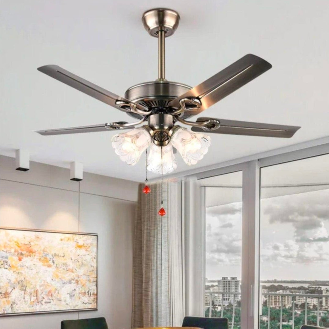 STODE® Richard 52-Inch Gold Ceiling Fan Chandelier – 3 Glass Light Shades, Retractable Blades, LED with 3 Color Settings & Remote Control (Warm White Mode Included)