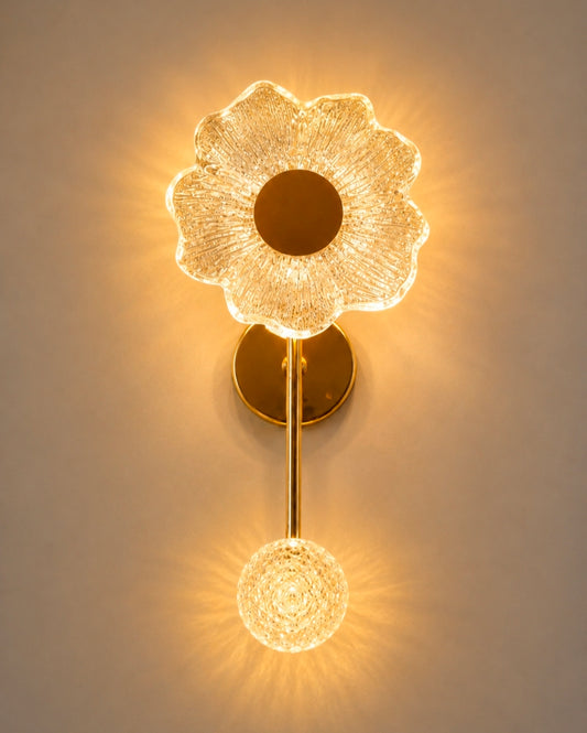 STODE® Modern Gold Floral LED Wall Light – Premium Crystal Glass Flower Wall Sconce with Decorative Crystal Ball, 3-Color Changing Light for Living Room, Bedroom, Bedside & Home Décor (Pack of 1)