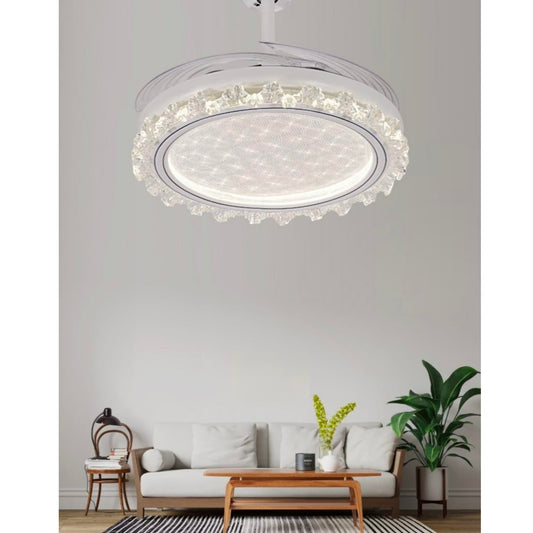 STODE® 42-Inch Ceiling Fan Chandelier – White Retractable Acrylic Blades, Tricolor LED Light with Remote Control for Kitchen, Dining, Café, Hotel & Bar