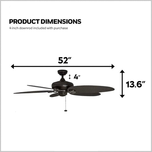 STODE® Duval 52-Inch Ceiling Fan – 5 Blade Tropical Design, Quick 2 Hang, Pull Chain, Tri-Mount Indoor/Outdoor Fan, ETL Damp Rated – Golem Finish