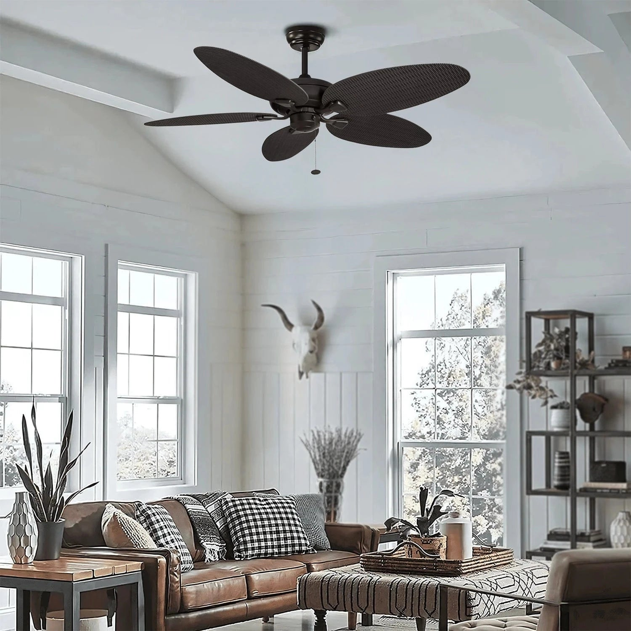 STODE® Duval 52-Inch Ceiling Fan – 5 Blade Tropical Design, Quick 2 Hang, Pull Chain, Tri-Mount Indoor/Outdoor Fan, ETL Damp Rated – Golem Finish