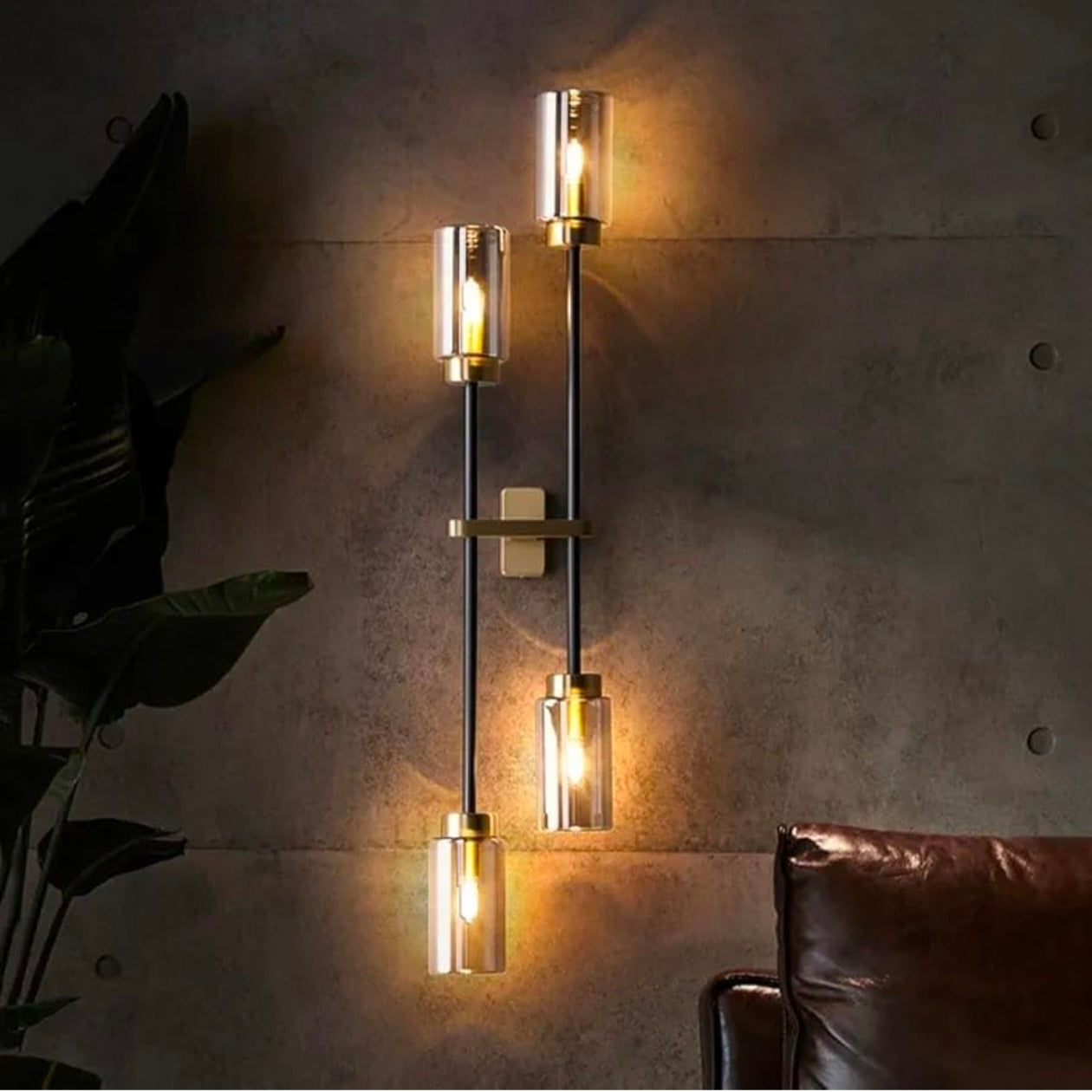 STODE® Modern Black & Gold Double Up-Down Wall Lamp – Smoky Grey Glass, 4-Head Sconce Fixture | Warm White for Living Room & Bedroom