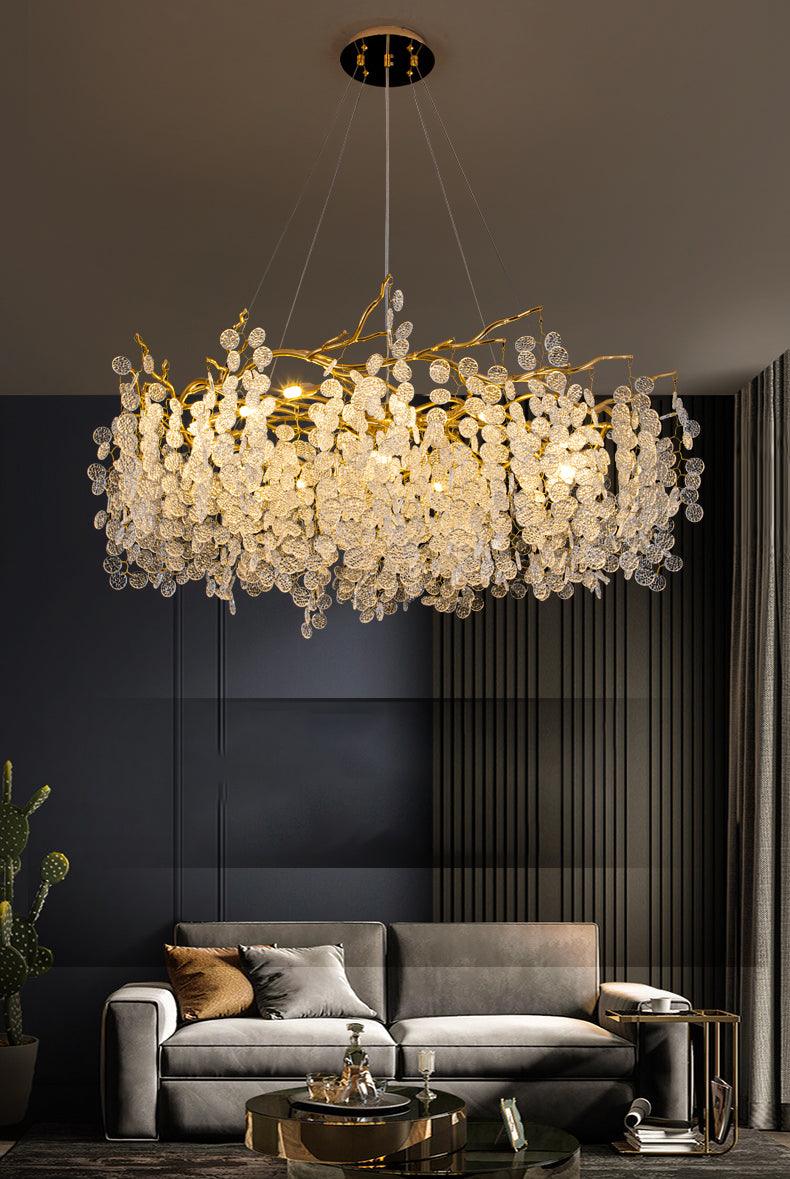 STODE® Crystal Glass Gold LED Chandelier - Elegant Hanging Lamp (Warm White)