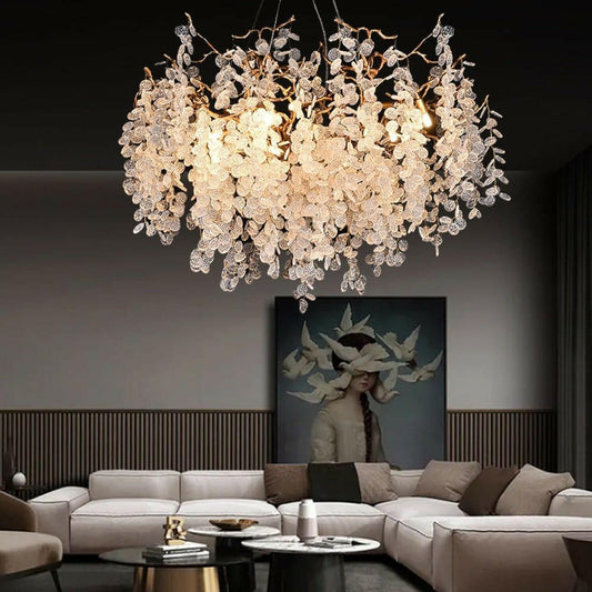 STODE® Crystal Glass Gold LED Chandelier - Elegant Hanging Lamp (Warm White)