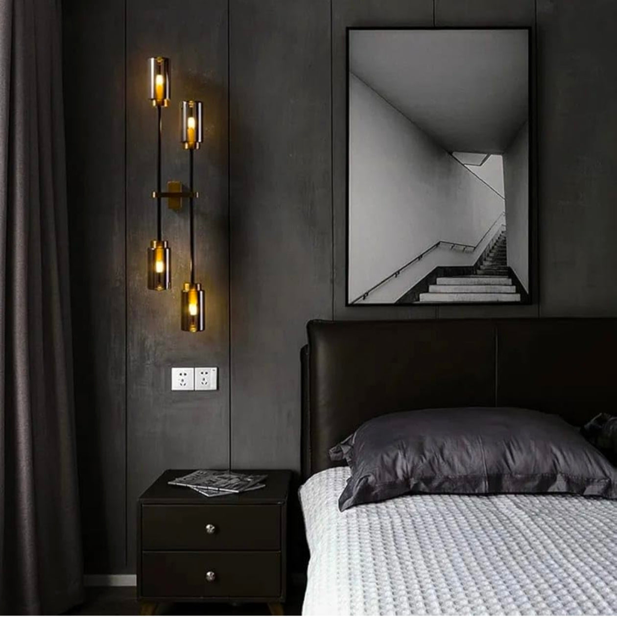 STODE® Modern Black & Gold Double Up-Down Wall Lamp – Smoky Grey Glass, 4-Head Sconce Fixture | Warm White for Living Room & Bedroom
