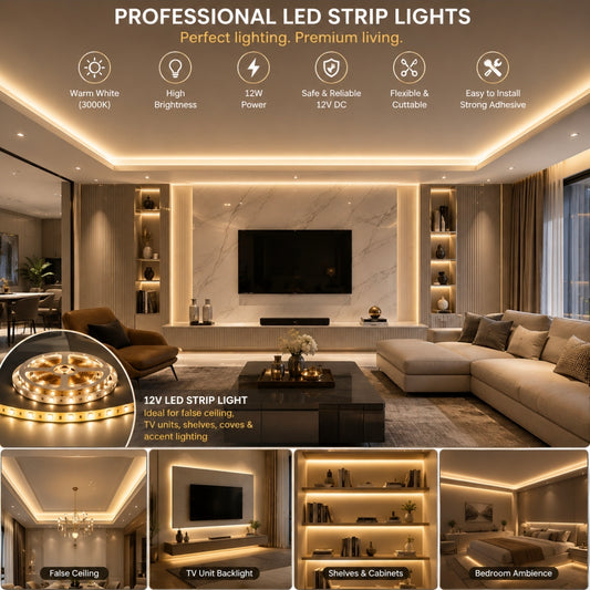 STODE® 12V DC LED Strip Light – 5 Meter 2835 SMD High Brightness, 240 LEDs/M Flexible & Cuttable LED Tape for Home, Kitchen & Decoration (Warm White)(Adapter Not Included)