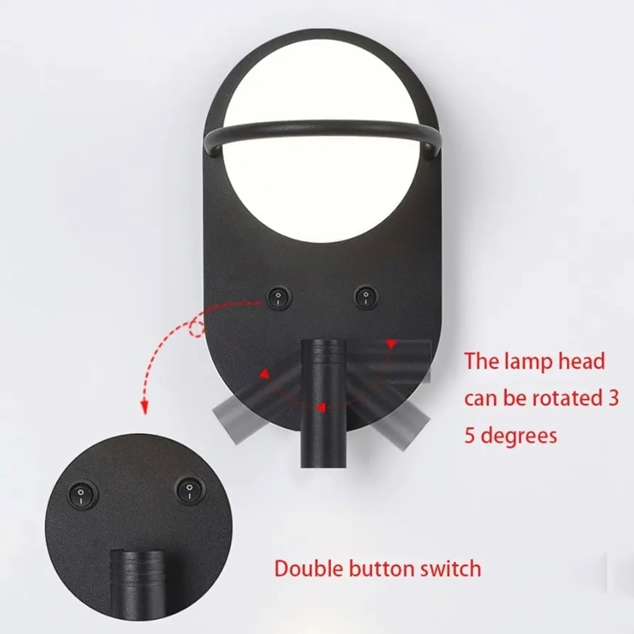 STODE® 350° Rotating 6W LED Wall Sconce - Black Double Head Metal Lamp with Dual Switch & 3-Color Changing for Bedroom, Living Room & Reading (Pack of 1)