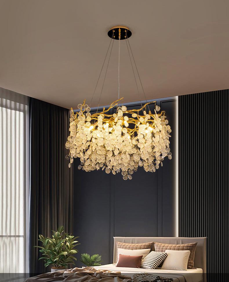 STODE® Crystal Glass Gold LED Chandelier - Elegant Hanging Lamp (Warm White)