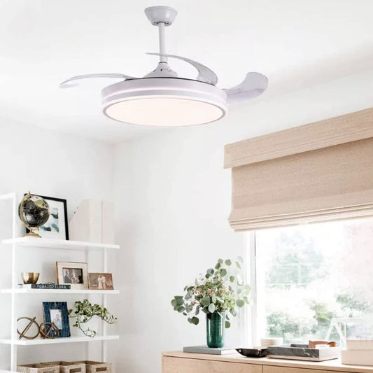 STODE® Alpha 42-Inch Chrome Ceiling Fan – White Retractable Acrylic Blades, Tricolor LED Light with Remote Control for Kitchen, Dining, Café, Hotel & Bar