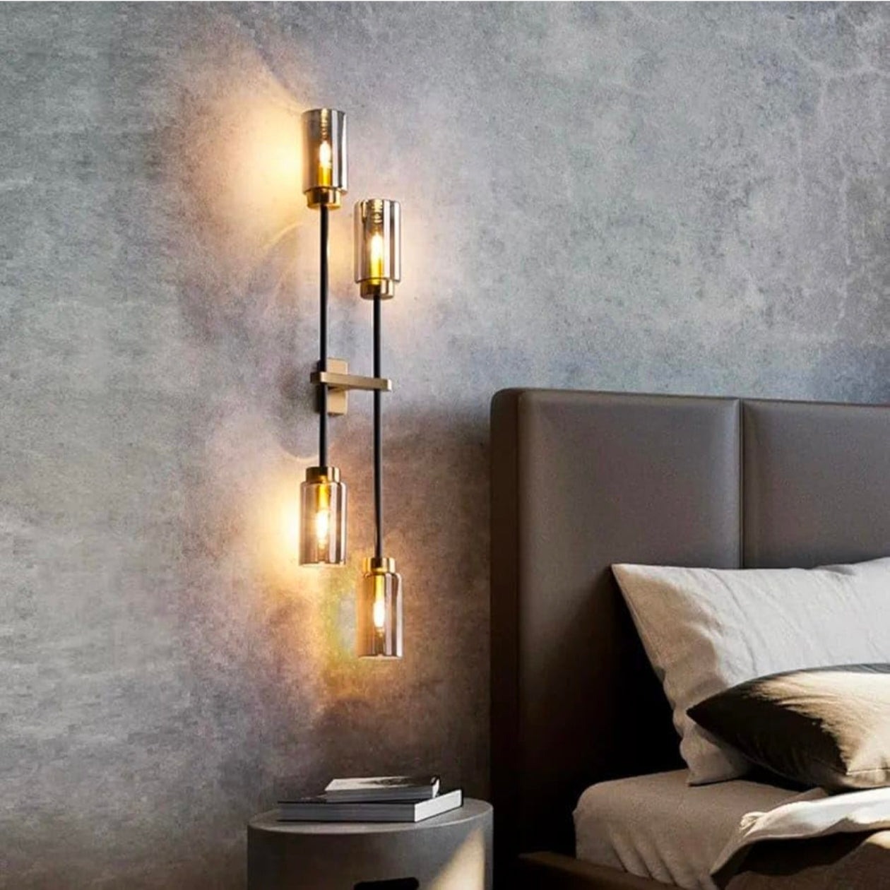 STODE® Modern Black & Gold Double Up-Down Wall Lamp – Smoky Grey Glass, 4-Head Sconce Fixture | Warm White for Living Room & Bedroom
