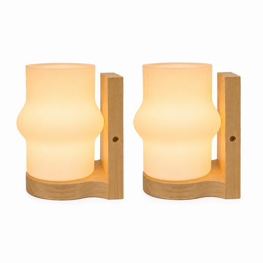 STODE® Wooden Wall Sconce Light with Frosted Glass Shade – Warm White Wall Lamp for Bedroom, Living Room, Bedside & Home Décor (E27 Filament Bulbs Included) (Pack of 2)