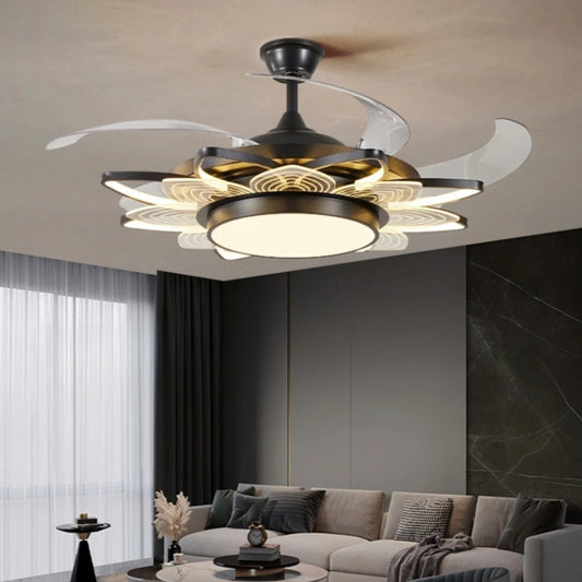 STODE® 42-Inch Flora Black Chandelier Fan – 8 Acrylic Leaf Blades, Retractable Ceiling Fan with Remote, Tricolor Light for Kitchen, Dining, Café, Bar & Hotel