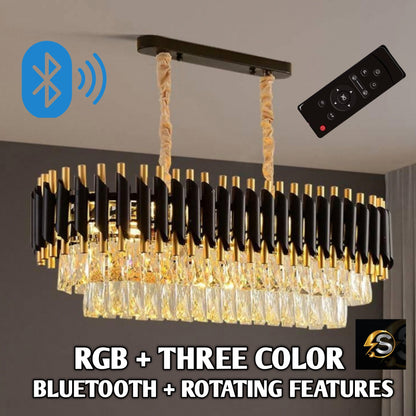 STODE® Black Mamba Tube Oval Stainless Steel RGB & 3-Color Crystal Chandelier with Bluetooth & Rotating Features – Warm White Ceiling Light for Modern Spaces