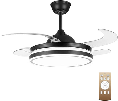 STODE® 1350MM Black Retractable Ceiling Fan Chandelier | Quiet DC Motor, LED Light & Remote Control for Home & Living Spaces