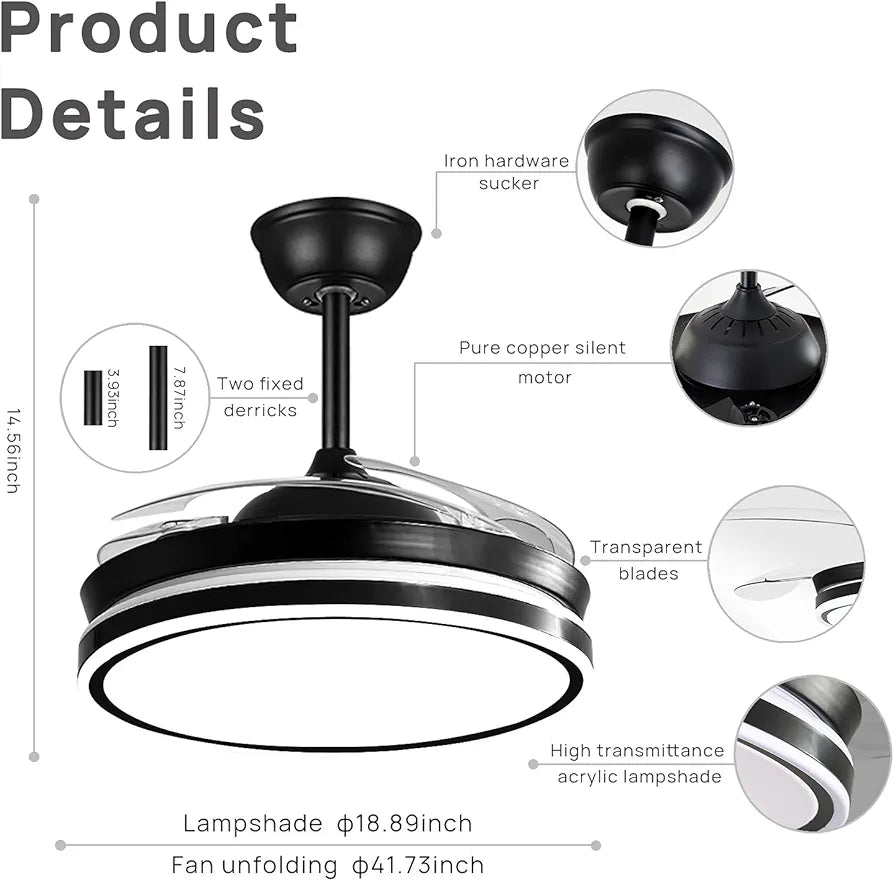 STODE® 1350MM Black Retractable Ceiling Fan Chandelier | Quiet DC Motor, LED Light & Remote Control for Home & Living Spaces