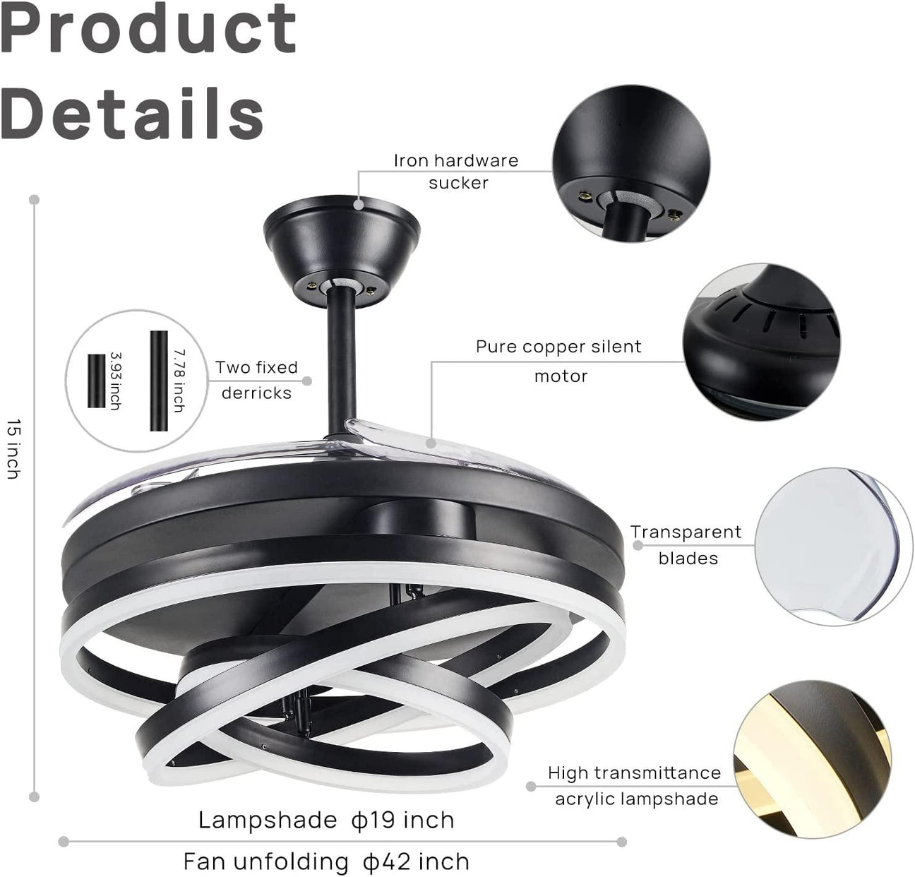 STODE® Invisible Black Rings Ceiling Fan Chandelier with Remote | 4 Retractable ABS Blades - Warm White