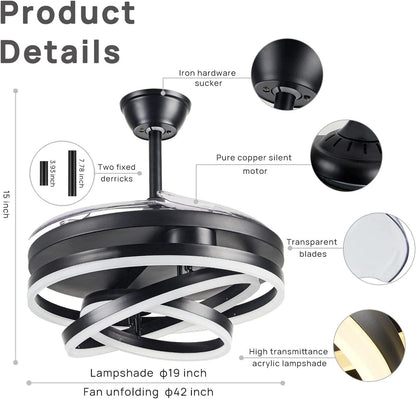 STODE® Invisible Black Rings Ceiling Fan Chandelier with Remote | 4 Retractable ABS Blades - Warm White