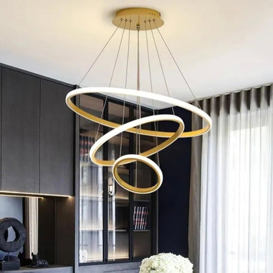 STODE® 3 Ring Chandelier: Modern Light for Living Room & Hall - Adjustable Pendant Light for Home Décor - Gold & Black