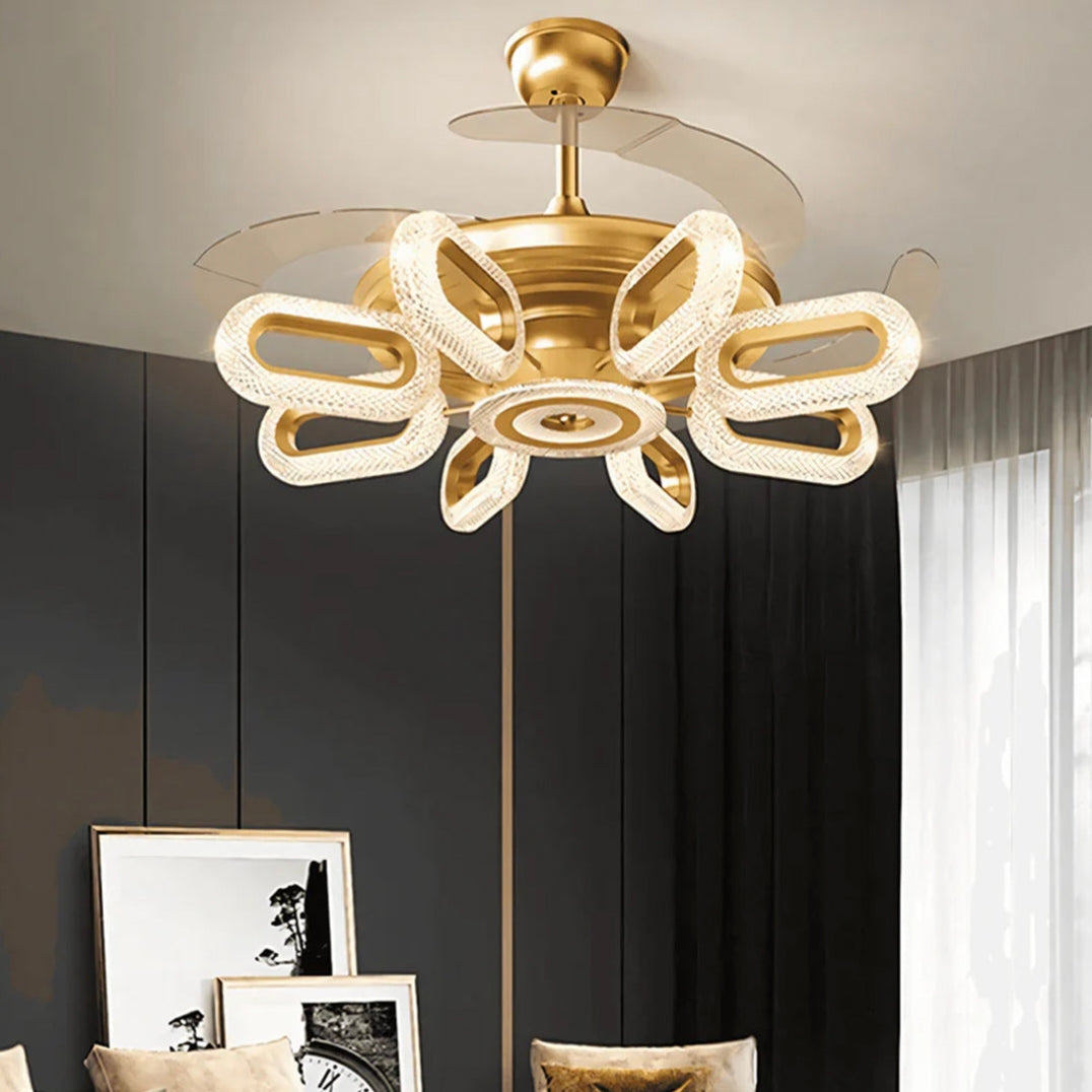 STODE® 8-Light Oval Crystal Ceiling Fan Chandelier | Gold Retractable LED with 3-Color Setting & Remote - Warm White