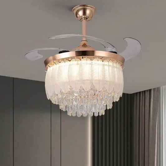 STODE® Crystal Leaf Retractable Ceiling Fan Chandelier with Remote | Luxury LED Light for Living Room & Bedroom