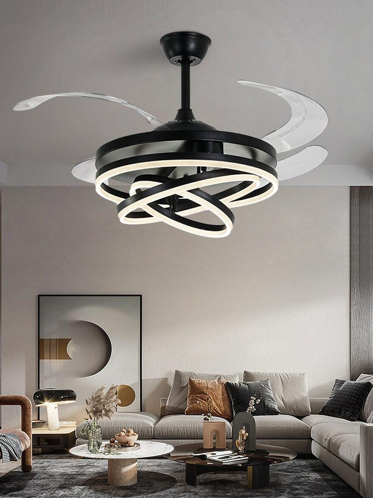 STODE® Invisible Black Rings Ceiling Fan Chandelier with Remote | 4 Retractable ABS Blades - Warm White