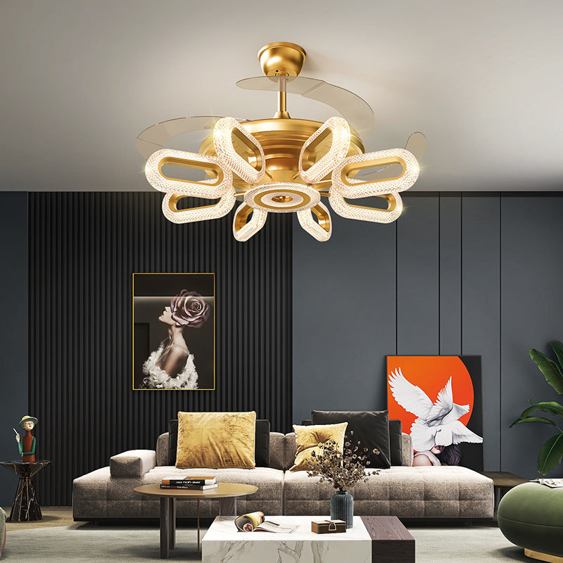 STODE® 8-Light Oval Crystal Ceiling Fan Chandelier | Gold Retractable LED with 3-Color Setting & Remote - Warm White