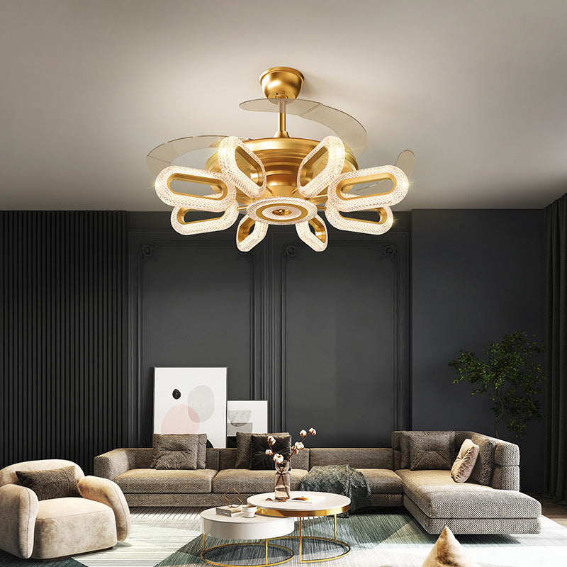 STODE® 8-Light Oval Crystal Ceiling Fan Chandelier | Gold Retractable LED with 3-Color Setting & Remote - Warm White