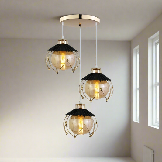 STODE® 3-Light Hanging Pendant Lamp - Round Ball Design with Golden Metal Frame & E27 Bulb