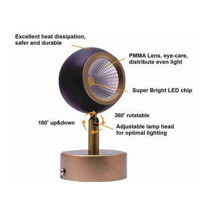 STODE® 5W LED Focus Spot Light – Brass Gold & Black Finish | Ceiling & Wall Mount - Warm White (Pack of 1)