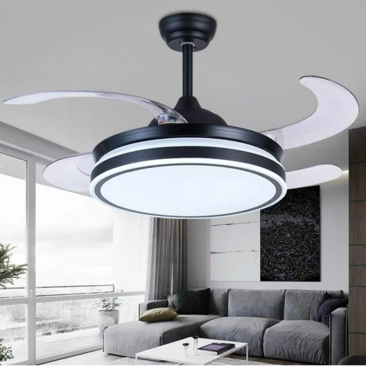 STODE® Black 42” Retractable Chandelier Ceiling Fan with Light, 4 Transparent ABS Blades, Remote Control, 6 Speed, Tricolor Dimmable LED (White/Warm/Natural), Modern Ceiling Fan Light (Black)