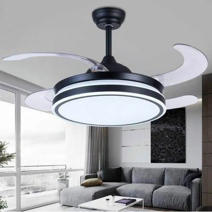 STODE® Black 42” Retractable Chandelier Ceiling Fan with Light, 4 Transparent ABS Blades, Remote Control, 6 Speed, Tricolor Dimmable LED (White/Warm/Natural), Modern Ceiling Fan Light (Black)