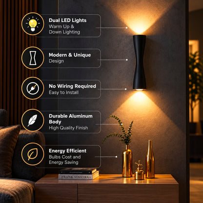 STODE® Modern 6W Slim Up & Down LED Wall Light – Aluminum Body IP65 Waterproof Outdoor & Indoor Wall Lamp for Hotel, Corridor, Door, Courtyard, Bedside & Staircase Décor - Black - Warm White (Pack of 1)