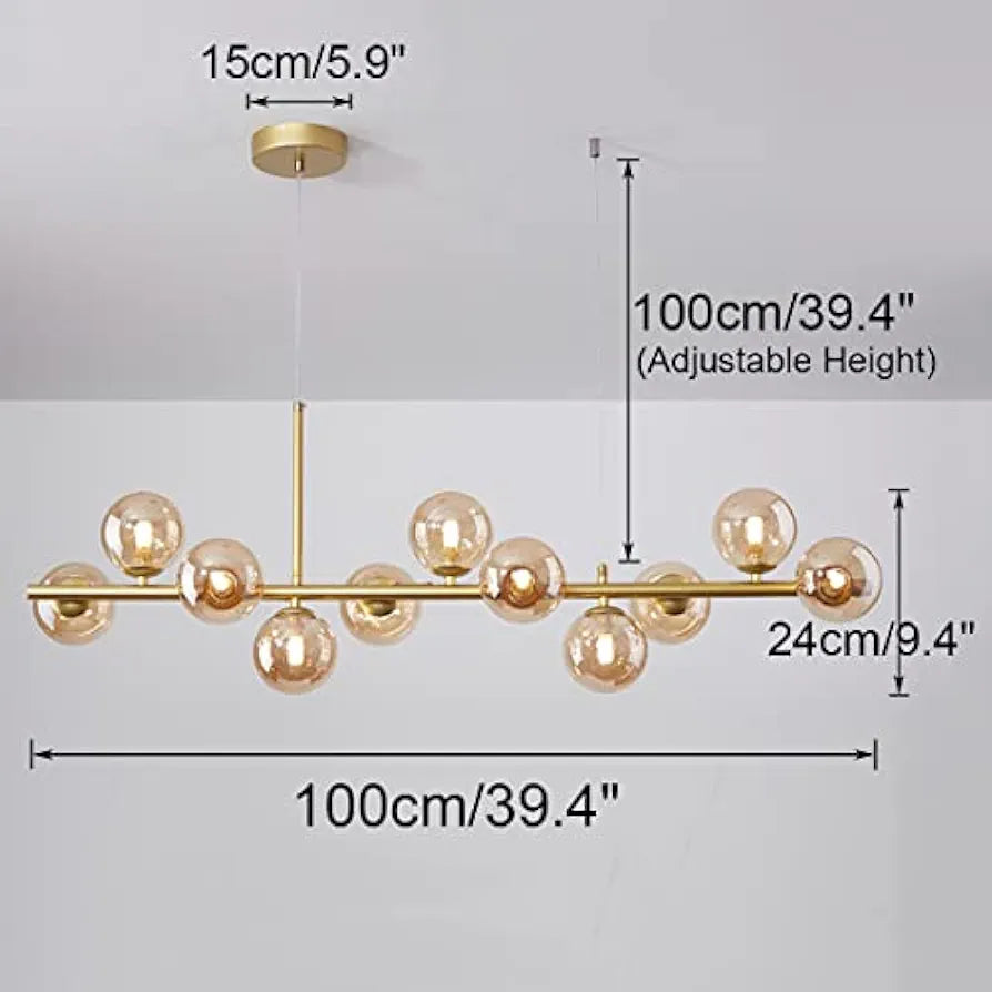 STODE® Modern Globe Sputnik Linear Chandelier – 11-Light Mid-Century Pendant | Amber & Smoke Glass Hanging Ceiling Light