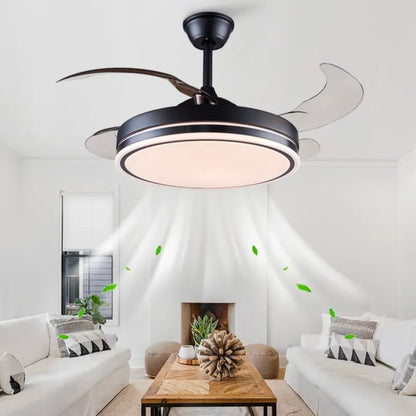 STODE® Black 42” Retractable Chandelier Ceiling Fan with Light, 4 Transparent ABS Blades, Remote Control, 6 Speed, Tricolor Dimmable LED (White/Warm/Natural), Modern Ceiling Fan Light (Black)