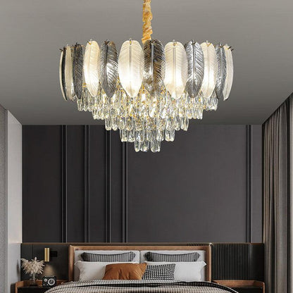 STODE® Feather Glint Glass Crystal Gold Chandelier – 3 Color Changing - Luxury Ceiling Light