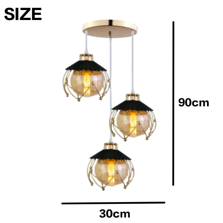 STODE® 3-Light Hanging Pendant Lamp - Round Ball Design with Golden Metal Frame & E27 Bulb