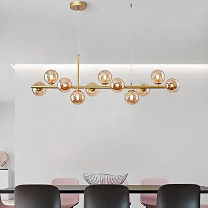 STODE® Modern Globe Sputnik Linear Chandelier – 11-Light Mid-Century Pendant | Amber & Smoke Glass Hanging Ceiling Light