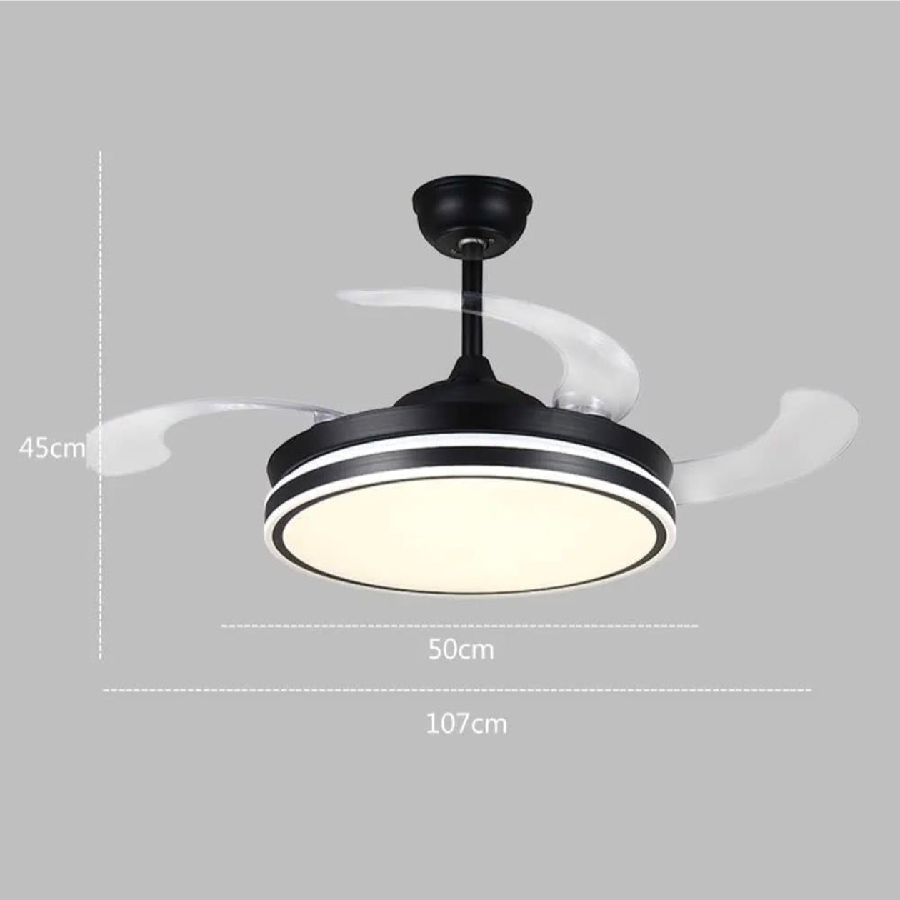 STODE® Black 42” Retractable Chandelier Ceiling Fan with Light, 4 Transparent ABS Blades, Remote Control, 6 Speed, Tricolor Dimmable LED (White/Warm/Natural), Modern Ceiling Fan Light (Black)