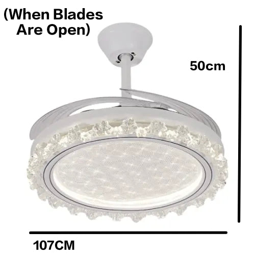 STODE® 42-Inch Ceiling Fan Chandelier – White Retractable Acrylic Blades, Tricolor LED Light with Remote Control for Kitchen, Dining, Café, Hotel & Bar