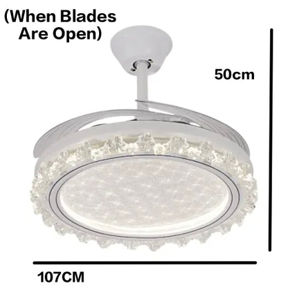 STODE® 42-Inch Ceiling Fan Chandelier – White Retractable Acrylic Blades, Tricolor LED Light with Remote Control for Kitchen, Dining, Café, Hotel & Bar