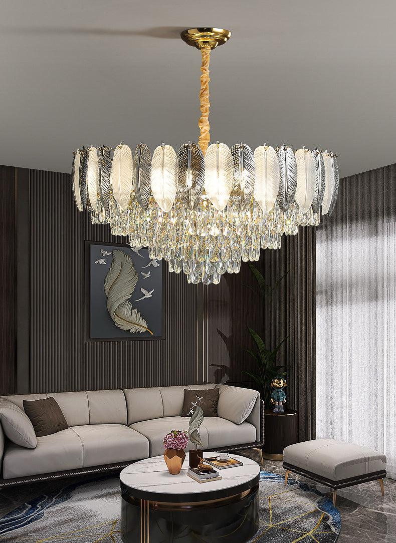 STODE® Feather Glint Glass Crystal Gold Chandelier – 3 Color Changing - Luxury Ceiling Light