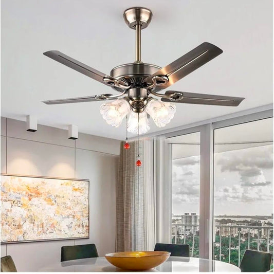 STODE® Richard 52-Inch Gold Ceiling Fan Chandelier – 3 Glass Light Shades, Retractable Blades, LED with 3 Color Settings & Remote Control (Warm White Mode Included)