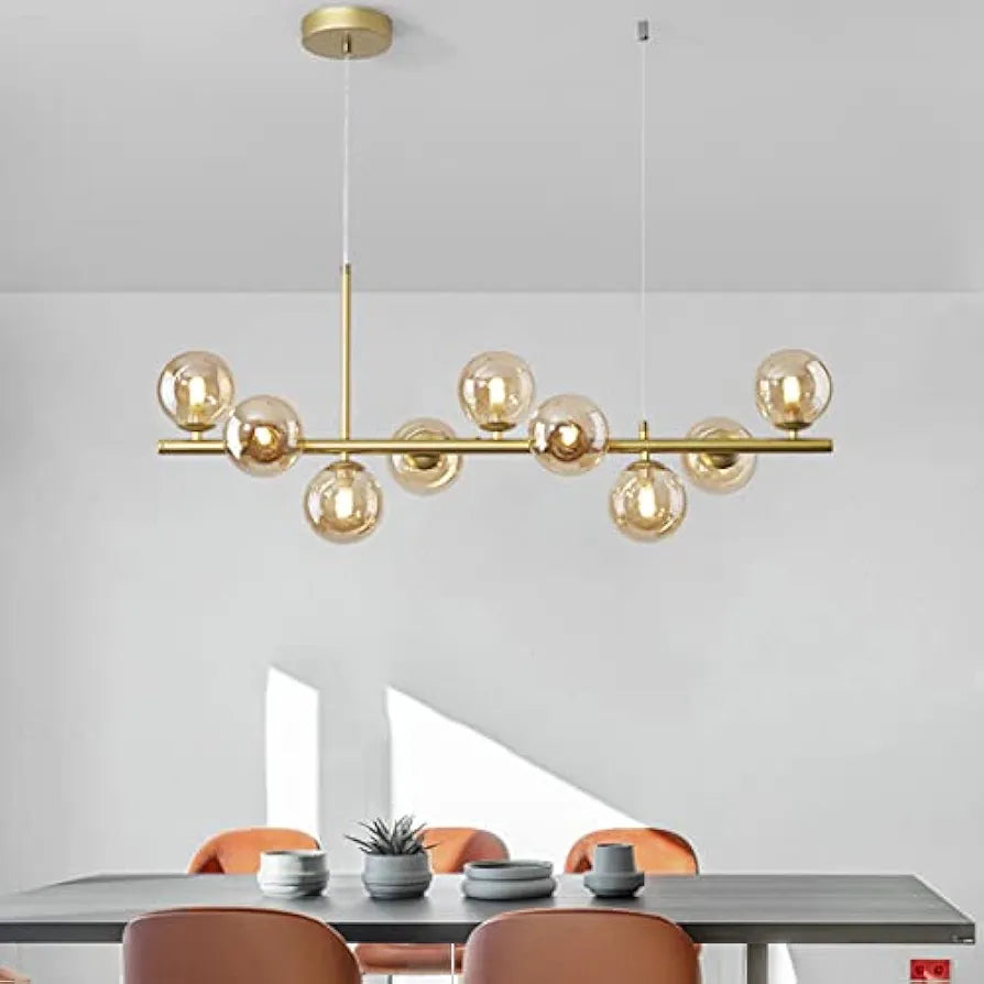 STODE® Modern Globe Sputnik Linear Chandelier – 11-Light Mid-Century Pendant | Amber & Smoke Glass Hanging Ceiling Light