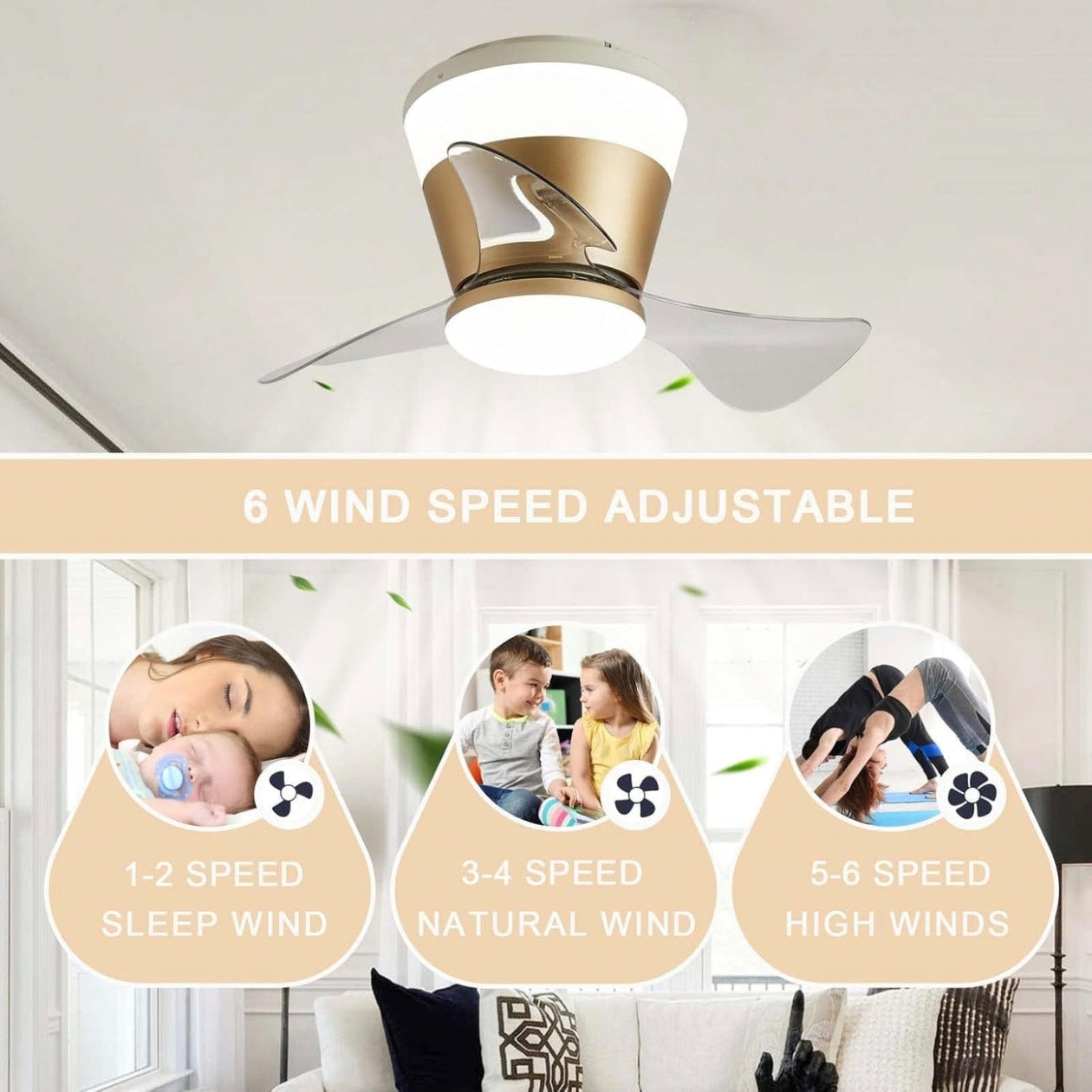 STODE® Modern 22 Inch Gold Low Profile LED Ceiling Fan Light with Remote | Modern 3 Color Changing Chandelier Flush Mount for Bedroom & Living Room