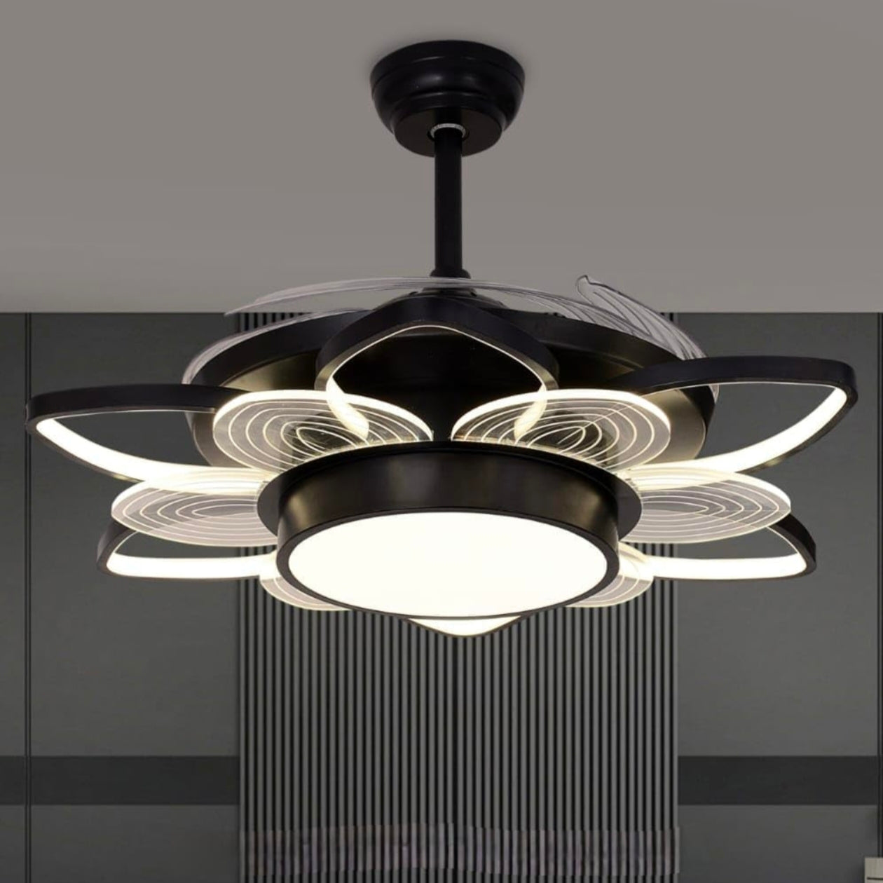 STODE® 42-Inch Flora Black Chandelier Fan – 8 Acrylic Leaf Blades, Retractable Ceiling Fan with Remote, Tricolor Light for Kitchen, Dining, Café, Bar & Hotel